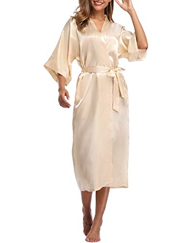 VOGTORY Women's Satin Robes Pure Color Long Kimono Bathrobes Soft Nightgown