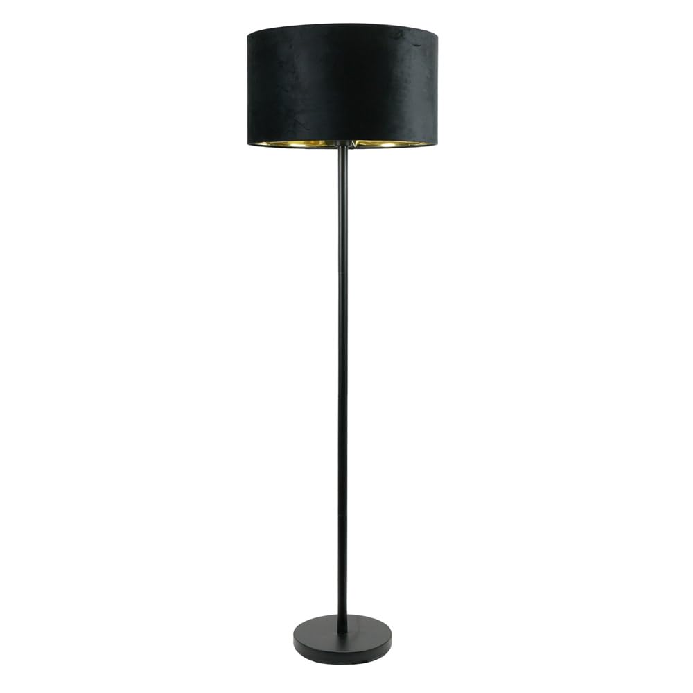 ValueLights Charlie Black Stem Floor Lamp with Black Velvet & Gold Inner Lamp Shade & Bulb