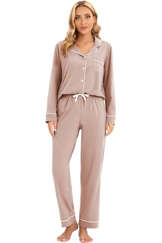 Image of LUBOT 100% Cotton Pajamas for Women Pajama Set Soft 2 Piece Sleepwear PJ Set Long Sleeve Knit Button Cozy Loungewear XS-XXL