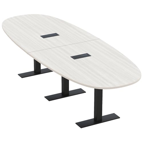 SKUTCHI DESIGNS INC. Harmony Series 12-Person Oval Boat Shaped Conference Table with Power & Data | Modular Office Table with Matte Black Metal T -Base | White Cypress –12ft