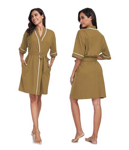Image of ANLIQI Womens 100% Cotton Robes Lightweight Summer Short Sleeve Lady Bathrobe Knee Length Kimono Robe Sleepwear with Pockets