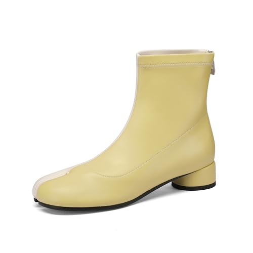Image of Split Toe Ankle Boots for Women Tabi Japanese Ninja Shoes Low Chunky Heels Booties, Stretch Artificial Leather Boots Back Zipper