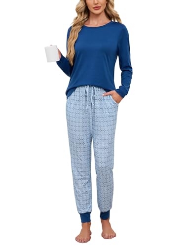 Breampot Schlafanzug Damen Lang Pyjamas Baumwolle Rundhals Nachtwäsche Set Winter Freizeitanzug Schlafanzüge mit Bündchen (Blau, Medium) Breampot Schlafanzug Damen Lang Pyjamas Baumwolle Rundhals Nachtwäsche Set Winter Freizeitanzug Schlafanzüge mit Bündchen (Blau, Medium)
