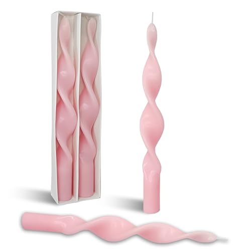 Image of Smokeless Pink Spiral Taper Candle Handmade Unscented Taper Candlesticks 10 Inch Long Twisted Candles for Candlelight Dinner Decor Wedding Women Gifts 2 Pcs