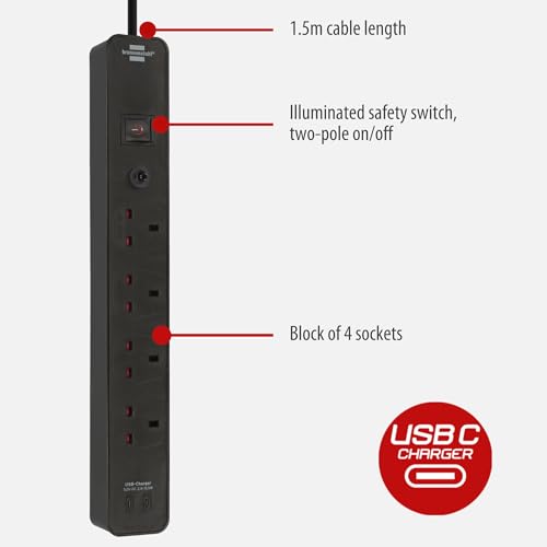 Brennenstuhl Ecolor 4 way Extension Lead with USB C slots (Power Strip 4-way with safety fuse button, switch and 3m cable, 90° angle of sockets) black