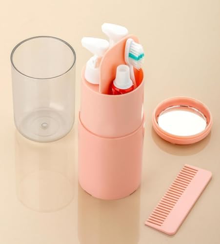 Multipurpose Traveling Kit – 6-in-1 Travel Toiletry Kit – Portable Travel Bottle Set with Toothbrush Holder, Dispenser Bottles, Comb, Mirror & Cup | Travel Organizer for Men & Women (Pink) image 5