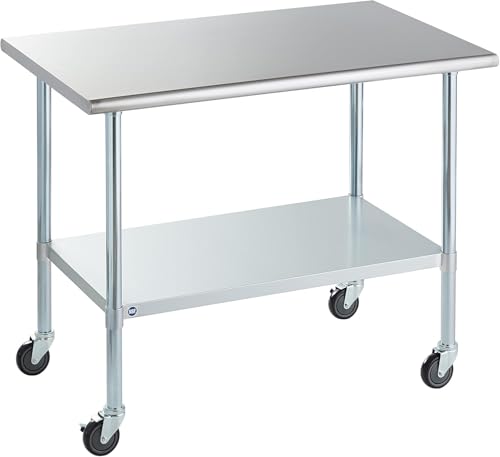 Image of ROCKPOINT Stainless Steel Table for Prep & Work with Caster Wheels 30x48 Inches, NSF Metal Commercial Kitchen Heavy Duty Table with Adjustable Under Shelf and Table Foot for Restaurant, Home and Hotel