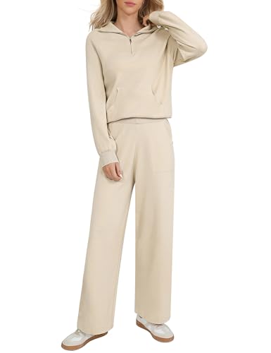 Totatuit Survêtement Femme Ensemble Jogging Tenues 2 pièces pour femmes sweat-shirt à manches longues demi-fermeture éclair jambes larges ensembles de...