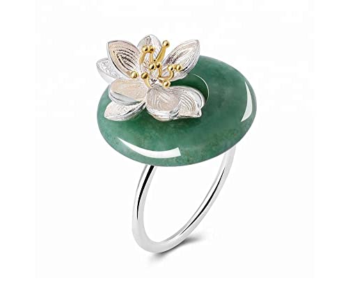 Stunning Lotus Flower Ring With Natural Gemstone Aventurine In 925 Sterling Silver Adjustable Ring Size Women Fine Handmade Jewelry - Premiumpearl #TOP1