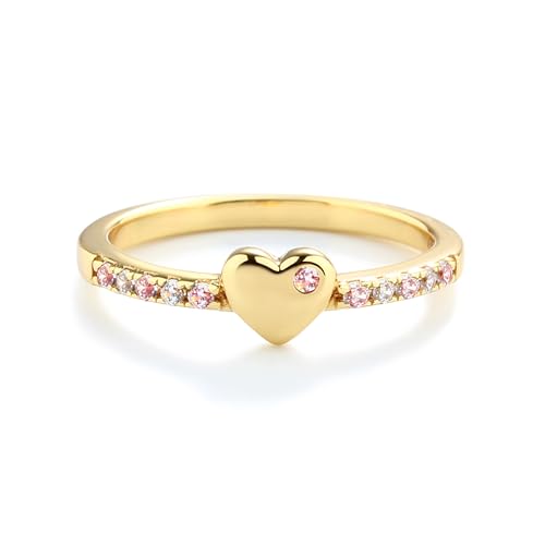Precious Pieces Sterling Silver or 14K Gold Plated Baby Ring with Puff Heart and Pink CZs for Babies, Toddlers, Little Girls, Stackable or Pinky Ring for Teens and Women