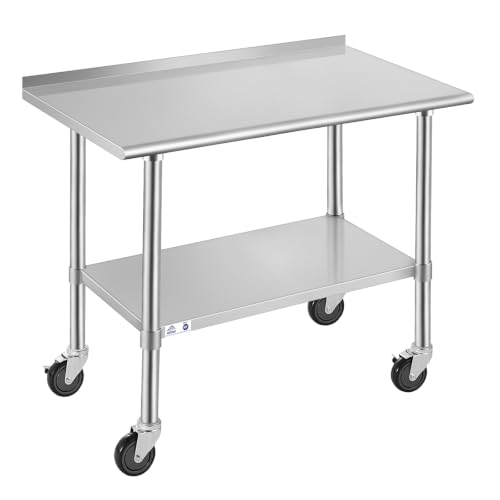 Image of Stainless Steel Table for Prep & Work with Caster & Backsplash 24x48 Inches, NSF Metal Commercial Kitchen Heavy Duty Table with Adjustable Under Shelf and Table Foot for Restaurant, Home and Hotel