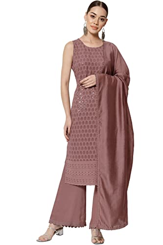 Women's Rayon Lucknowi Chikankari Embroidery Straight Kurta,Palazzo and Dupatta Set