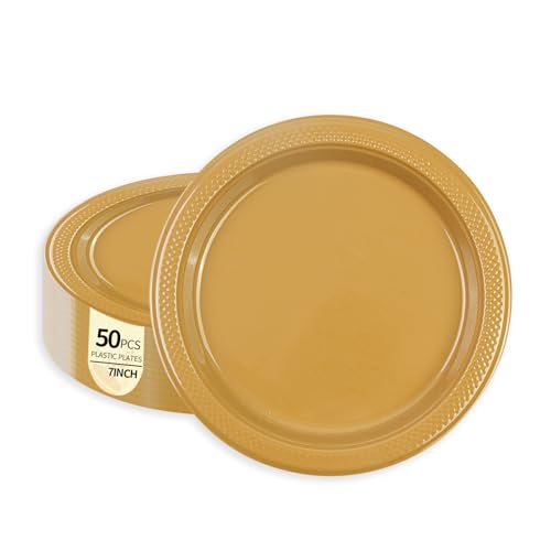 HiEnjoin 50 Pack Gold Plastic Plates, 7 Inch Disposable Dessert Plates Party Plates for Picnic Travel Birthday Wedding Party Supplies (Gold, 7 Inch)