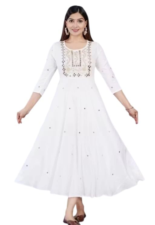 Women's Anarkali Kurti with Work Embroidery, 3/4 Sleeves, Flared Ethnic Gown-picture-10