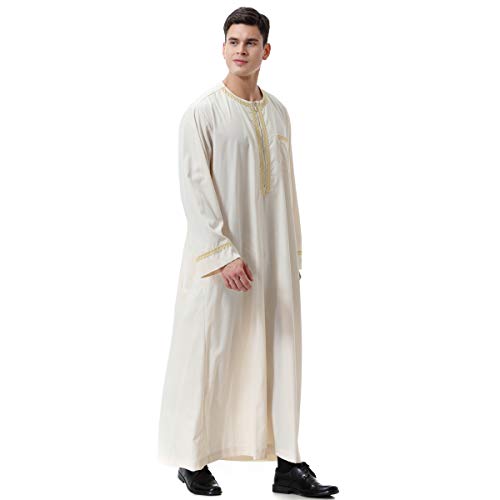 XINNI Men Arabic Long Sleeve Printing Thobe Crew Collar Kaftan Robe with Zipper4