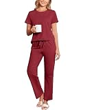 Picture of Ekouaer Cotton Valentines Pajamas Sets Short Sleeve T-Shirt Top and Long Pants Pj Sets Soft Pjs Sleepwear Loungewear for Women Wine Red Large