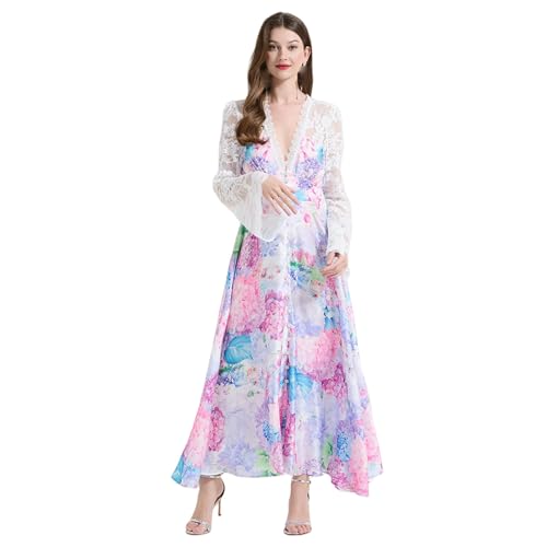 Robe longue cintrée femme style printemps patchwork dentelle élégante