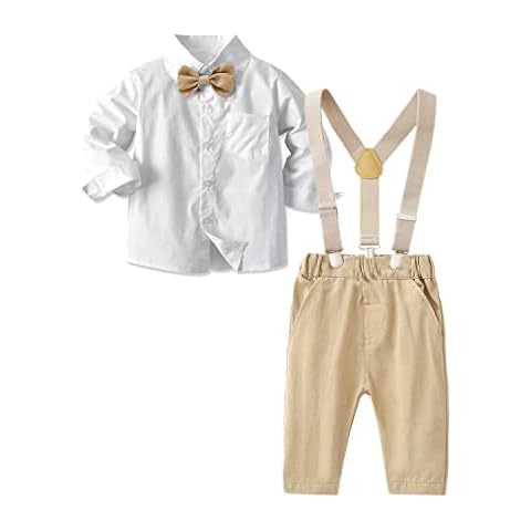 Billion Xin 2-Piece Toddler Boys Baby Suit Gentleman Kids Long Sleeve Shirt + Trousers with Straps Suit Clothing Set, Weiß+Khaki, 18-24 Months Cover