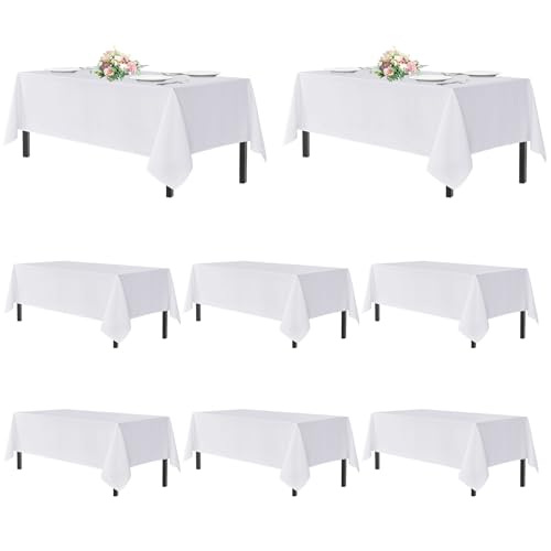 Image of sancua White Table Cloths Rectangle, 8 Pack Tablecoths for 6 Foot Tables - Washable Polyester Fabric Table Cover for Wedding, Birthday Party, Banquet Reception, 54x108 Inch