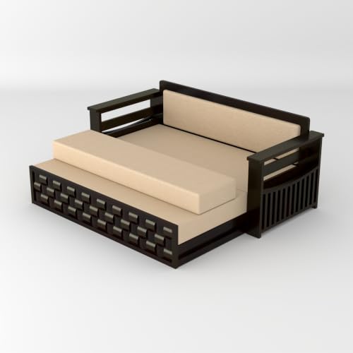 Image of Solid Sheesham Wood Sofa Cums Bed with Mattress & Storage | Rosewood Convertible Sofa Bed for Living Room & Bedroom (G-Walnut Finish, 3 Seater)