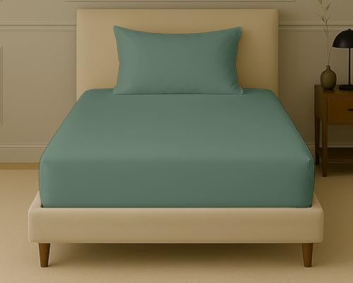 Image of Trance Home Linen 300 TC Bamboo Single Size Fitted Bedsheet | Soft, Breathable & Eco-Friendly Bedsheet with 1 Pillow Cover - (78 x 36 inch, Aqua Green)