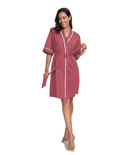 Image of ANLIQI Womens 100% Cotton Robes Lightweight Summer Short Sleeve Lady Bathrobe Knee Length Kimono Robe Sleepwear with Pockets