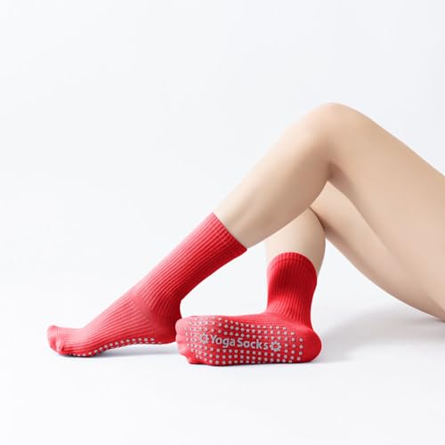 Yoga Pilates Socks with Grips for Women Non Slip Solid Colored Cushioned Crew Compression Socks for Barre Ballet Dance3