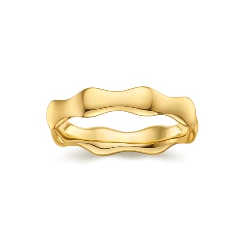 FRUMOS 14K Gold Plated Wavy Bamboo Statement Ring for Women, Trendy Stackable Promise Ring & Wedding Band Alternative, Minimalist Fashion Jewelry(Bamboo Gold Ring, 9)