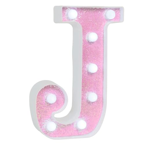 Image of Pink Glitter Marquee Light Up Letters, Battery Operated LED Letter Lights Signs for Pink Birthday Party Table Decorations, Wall Decor for Girls Bedroom, Initial Letter J with Cool White Lights