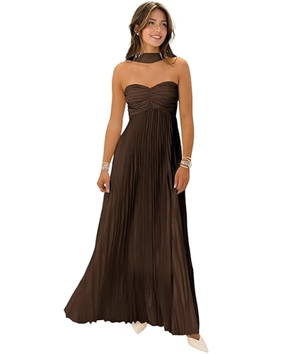Women Bridesmaid Dress with Scarf Strapless Pleated Flowy Formal Evening Gown Maxi Dresses Brown M