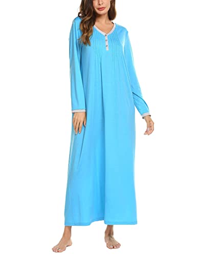Ekouaer Womens Cotton Knit Long Sleeve Nightgown For Women, Henley Full Length Sleep Dress,Blue,X-Large #TOP2