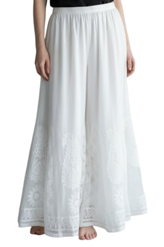 Image of Women's Georgette Chikankari Kali Sharara with Handwork | White Flared Sharara for Women | Adjustable Waist Up to XL | Festive, Wedding & Ethnic Wear