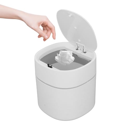 Mini Trash Can with Pop Up Lid, 1.5L White Tiny Desktop Waste Garbage ...