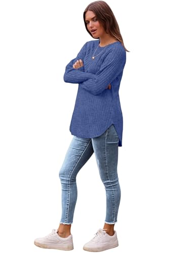 Image of Saloogoe Long Sleeve Shirts for Women 2025 Fall Clothes Tunic Tops Loose Fit Dressy Crewneck Pullover Sweaters Curved Hem