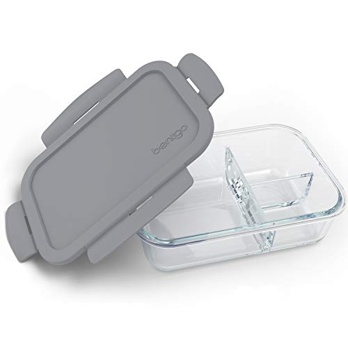 Bentgo Glass (Gray) – Leak-Proof, 3-Compartment Oven-Safe Glass Lunch Container | Ideal