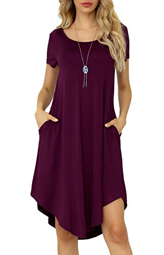 Women Casual Loose Soft Crewneck Short Sleeve Pockets Swing T-Shirt Dress