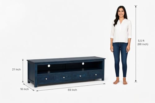 Image of Sheesham Solid Wood TV Cabinet for Living Room | Handcrafted Wooden TV Unit with Storage | Elegant Entertainment Stand for Modern Homes (4 Drawer Tv Cabinet, Rustic Blue)