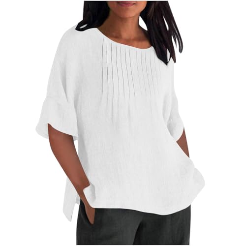 Camisetas de lino para mujer, de media manga, casual, cuello redondo, blusa plisada de verano, talla grande, camiseta de lino de algodón, cómoda para salir, camiseta básica para vacaciones, 01 Blanco