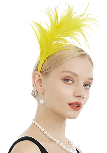 Felizhouse 1920S Fascinator With Feathers Headband For Women Wedding Tea Party Headwear (Yellow) #TOP3