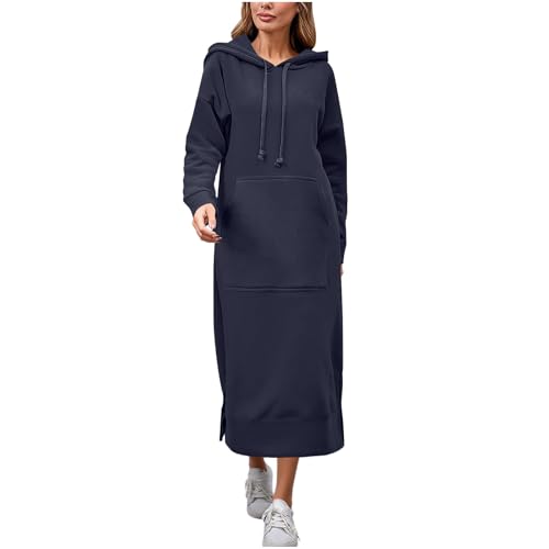 TANGNADE Hoodie Dress for Women with Pockets Casual Maxi Length Long Fleece Sweatshirt Pullover Plus Size Winter Clothing Navy 4x
