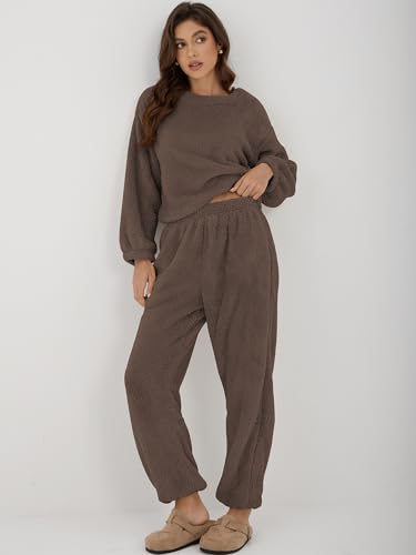 ZAFUL Women's Fuzzy Lounge Casual Pajamas Sets Long Sleeve Fleece Pullover and Pants Set 2 Piece Fluffy Loungewear Sleepwear3