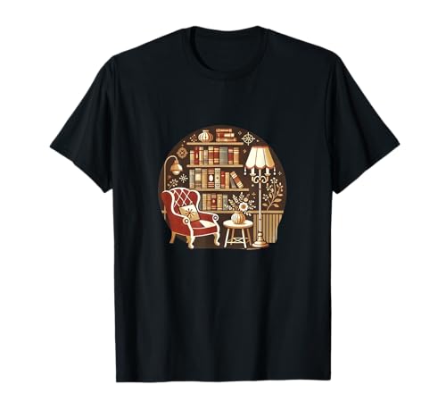 Cozy Reading Nook with Bookshelf and Armchair Winter Snow T-Shirt