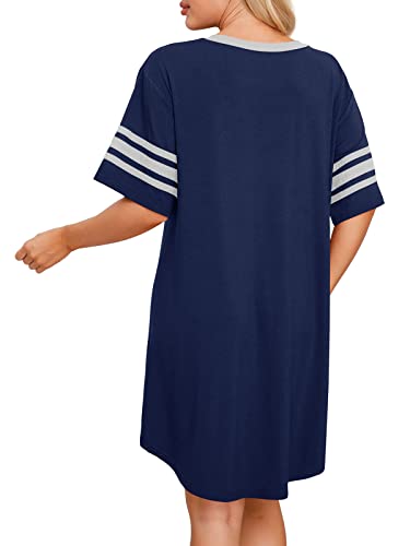 Prinstory Women's Nightgown Loose Sleep Shirts Short Sleeve V Neck Nightshirt Soft Pajamas Comfy Sleepwear Navy Blue M #TOP5