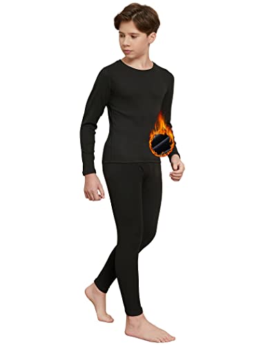 Telaleo Boys Thermal Underwear Set For Kids Long Johns Double Fleece Lined Youth Base Layer With Fly Shirt & Pants Sets L Black #TOP24