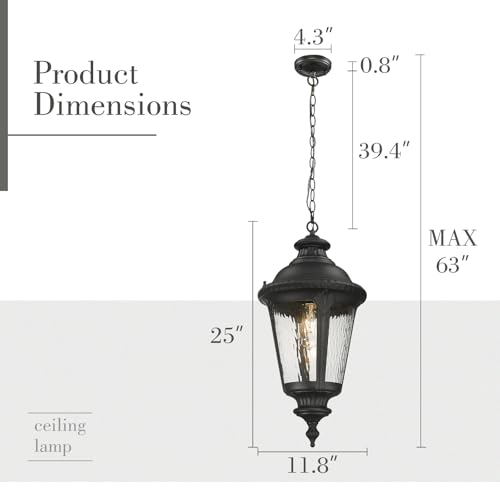 Image of Emliviar Large Outdoor Pendant Lights for Porch, 25 inch Black Exterior Hanging Lantern with Water Ripple Glass, XE265H-SW BK