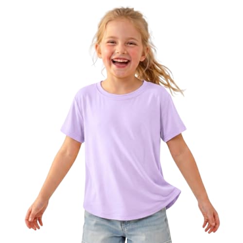 Image of WELAKEN Girls Soft T-Shirt with Curved Hem, Breathable Stretchy Rayon Crewneck Short Sleeve Tees, Kids Everyday Basic Top