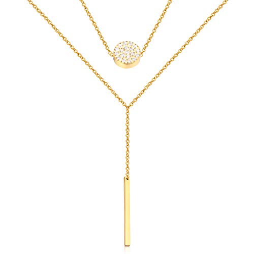 Ldurian Layered Necklace, Set of 2, Choker Chain with Disc Y Bar Pendant, Layering Drop Lariat for Women, Dainty Minimalist Jewelry (14K Gold Plated)