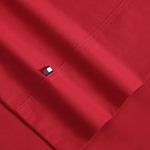 Image of Tommy Hilfiger - Sheet Set, Cotton Percale Bedding with Matching Pillowcases, Crisp & Cool, Solid Home Essentials (Red, Full)