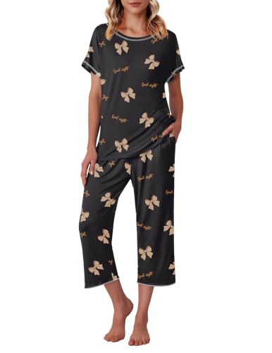 Image of Ekouaer Womens Capri Pajama Sets Print Short Sleeve Sleepwear Top and Pants