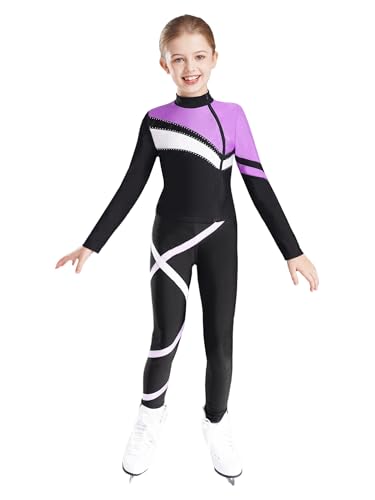 inhzoy Tuta da Pattinaggio Artistico Bambina Ragazza Pantaloni Leggings e Giacca Pattinaggio su Ghiaccio Manica Lunga Coprispalle Completo Ginnastica Costume da Prestazione Viola chiaro 7-8 anni